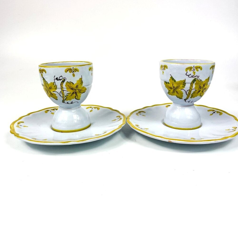 Cantagalli Florence Italy Double Egg Cups With Plates Set Of 2 Ceramic Ivy Vine